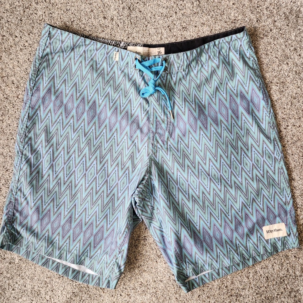 Rhythm Board Shorts Mens 36 90's Geometric Zigzag Diamond Print Blue Excellent